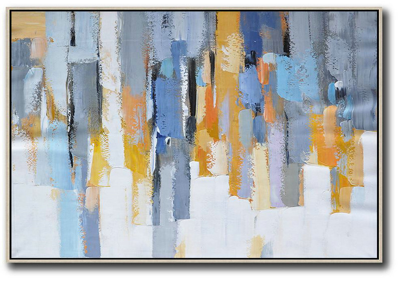 Handmade Large Painting,Oversized Horizontal Contemporary Art,Acrylic Painting On Canvas,White,Grey,Blue,Yellow.etc